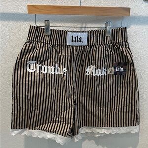 Dressed in LALA Tan and Navy Striped Trouble Maker Boxer Shorts NWT